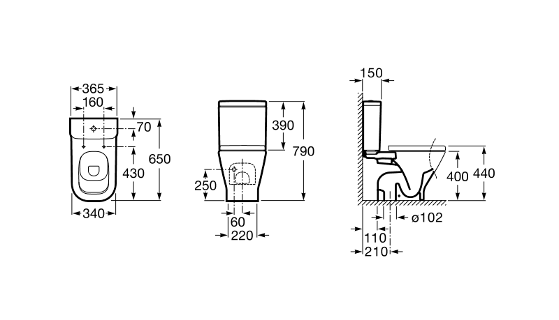 Medidas de la taza de inodoro para tanque bajo salida evacuacion vertical SQUARE THE GAP - ROCA